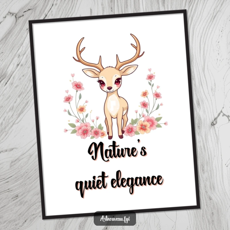 Funny Poster: Graceful deer with elongated antlers standing amidst floral motifs, a beautiful and tranquil art nouveau wall art.