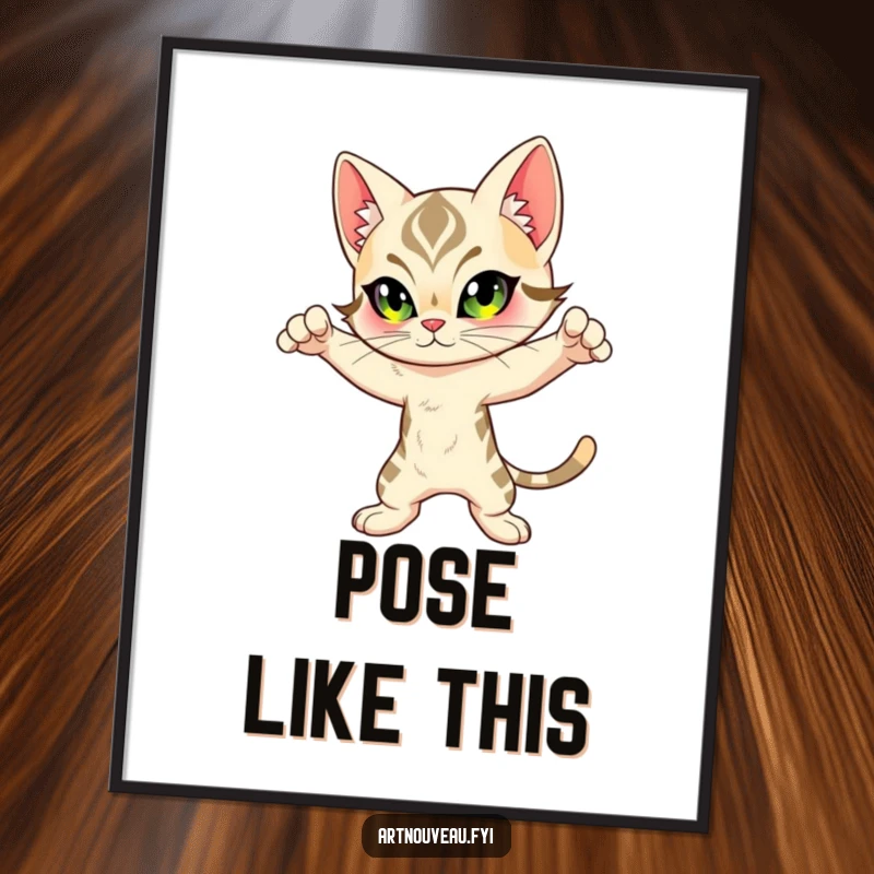Funny Feline Poster: Art Nouveau inspired cat in a dynamic pose with intricate markings, creating elegant and humorous wall art.