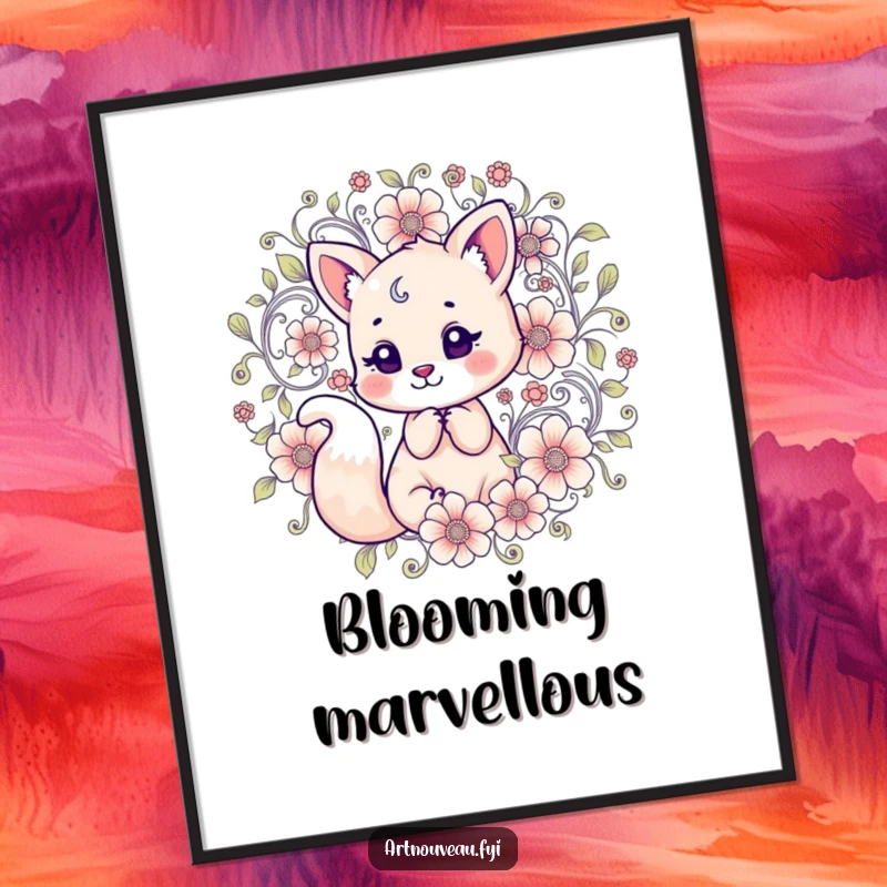 Funny Poster: An animal character, a fox, engaging with complex, swirling floral artwork, creating a lively and humorous scene.