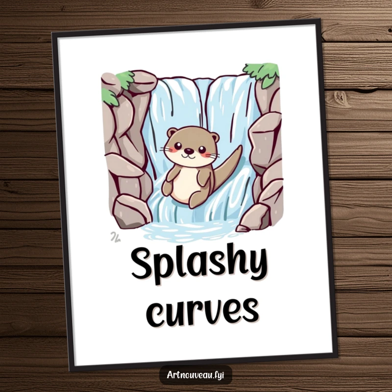 Funny otter with smooth lines playfully sliding down a stylized waterfall, presented as captivating wall art poster.