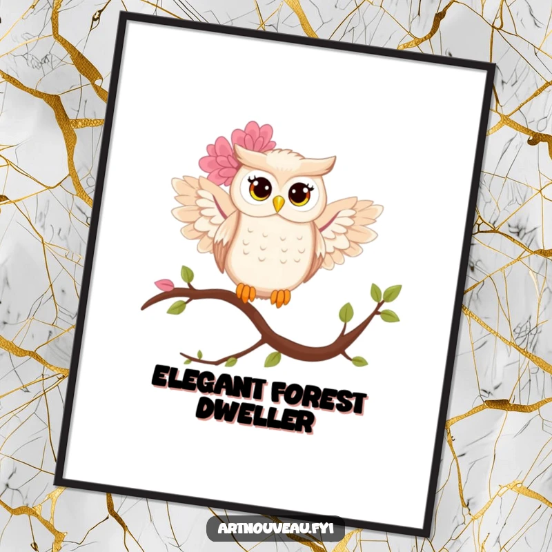 Funny owl poster showcasing a stylized owl with elaborate floral wings perched gracefully, adding a touch of artistic enchantment.