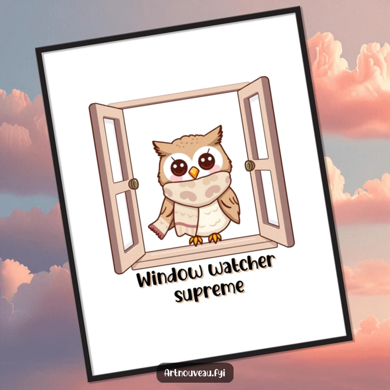 Funny owl poster print of a cute owl in a scarf peeking from a window, adding whimsical wall decor.