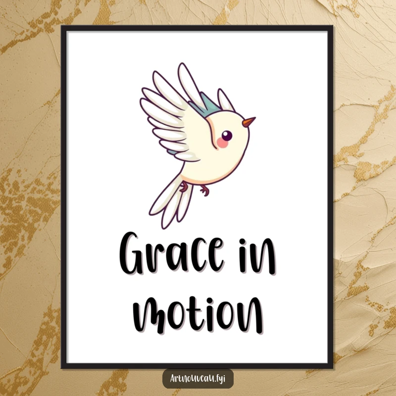 Funny poster featuring a stylized bird with impressively long tail feathers, captured in a dynamic moment of flight, creating a visually striking piece.