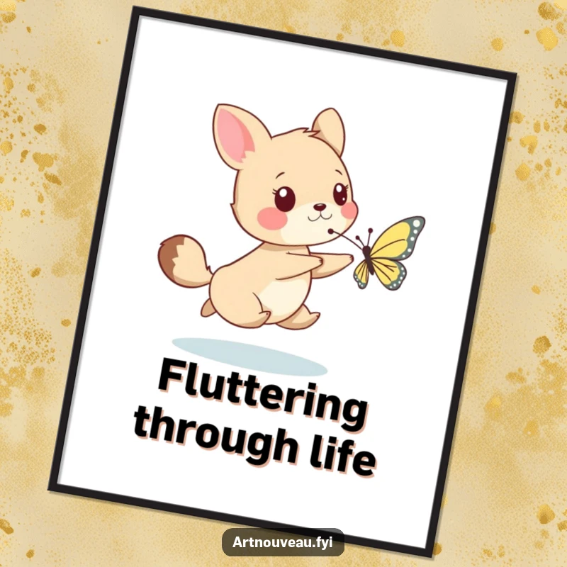 Funny poster illustrating a whimsical animal joyfully chasing a delicate butterfly, perfect for adding a touch of lighthearted fun to any room.