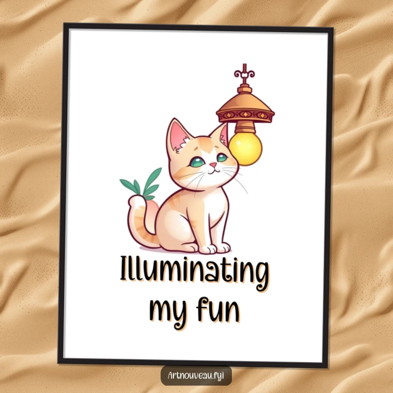 Funny cat poster, a curious cat with elegant curves batting at a decorative hanging lamp, captivating wall art.