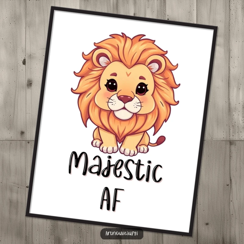 Funny Lion Poster: Serene, majestic lion with ornate mane gazing at flowing art, bringing humorous elegance to wall decor.