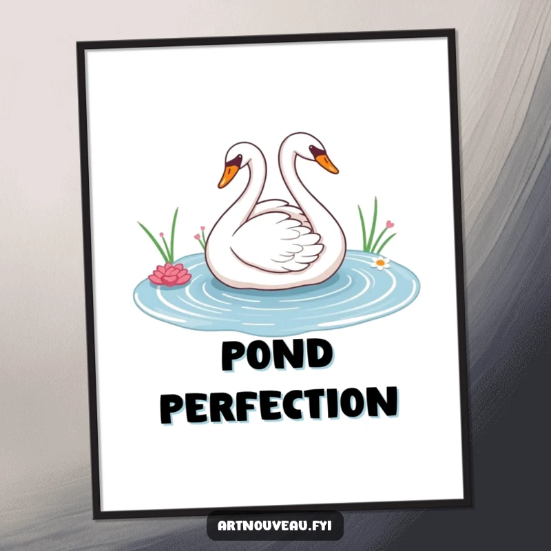 Elegant swan poster print showcasing graceful sweeping lines gliding across a decorative pond, perfect for adding serene beauty to any room.