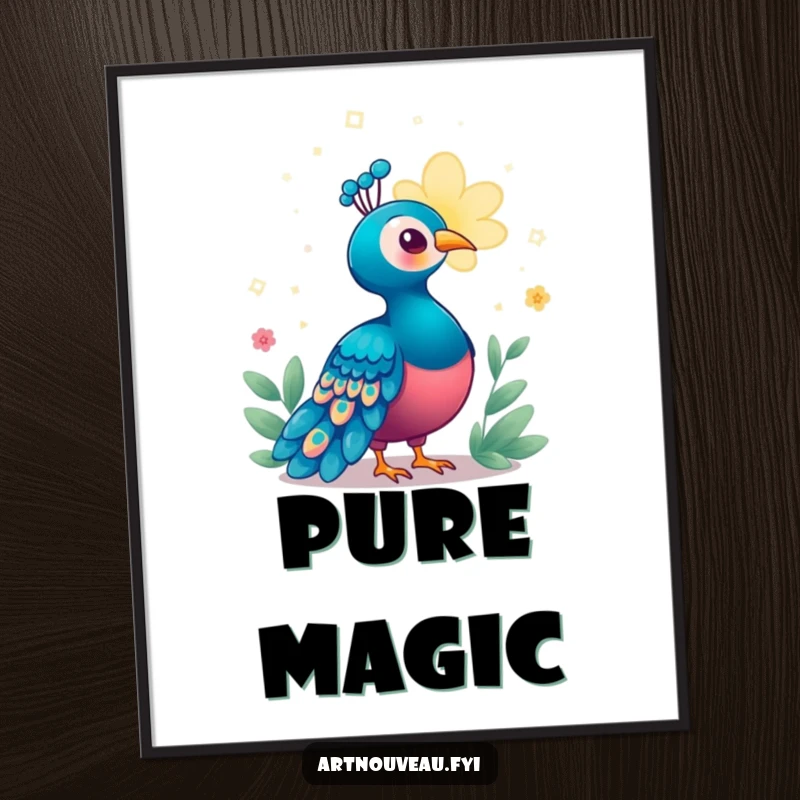 Funny Enchanted Peacock Poster showing a bird looking enchanted by a magical, glowing bloom, creating a whimsical and humorous centerpiece for any wall.