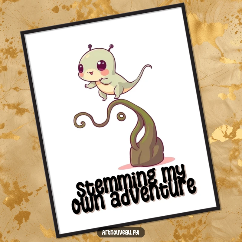 Funny poster showing a creature precariously balanced on a winding plant-like stem, adding a humorous and artistic element to wall decor.