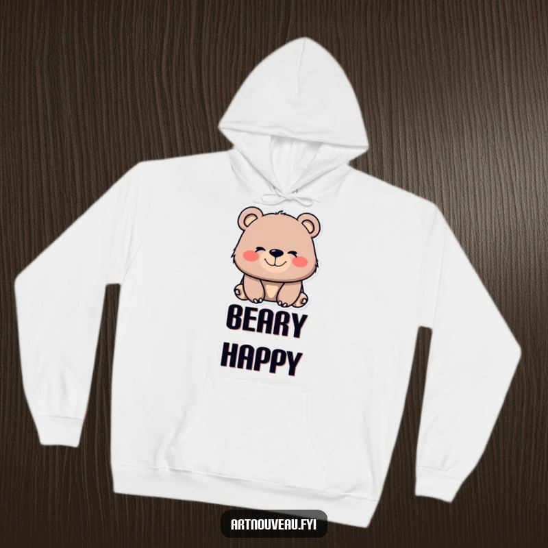 Cozy funny bear hoodie featuring flowing, organic lines on its muzzle and a contented smile, perfect for warm and cheerful relaxation.