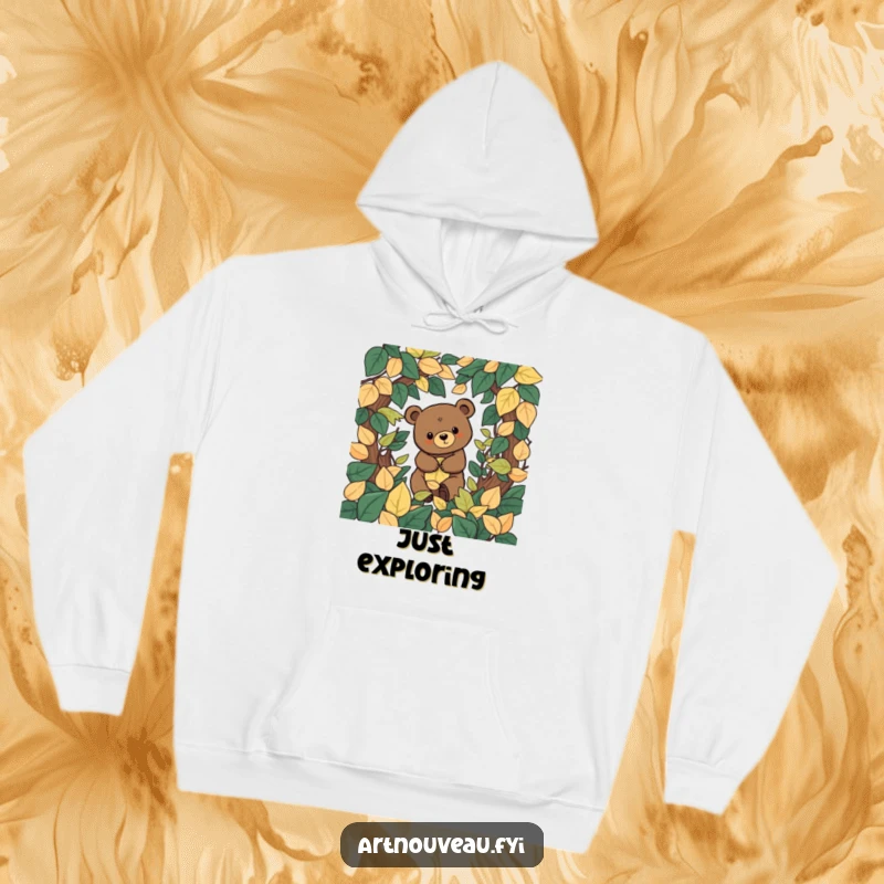 Funny stylized bear with organic shapes exploring a decorative leaf labyrinth, featured on a soft and warm graphic hoodie.