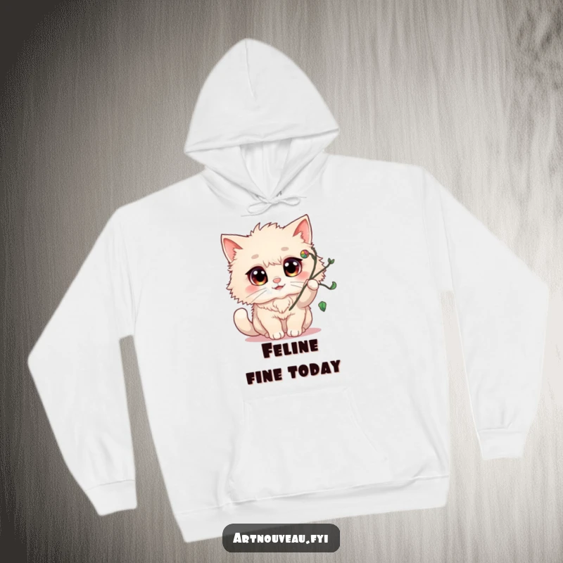 Funny Hoodie: A fluffy cat with cheerful eyes artfully batting at a decorative swirling vine flourish, highlighting playful mischief.
