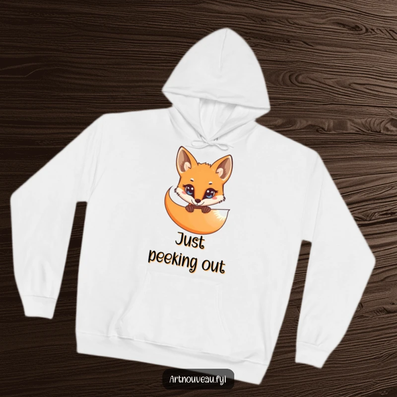 Funny Hoodie: A curious fox with bright eyes peeking from behind an elegant, flowing organic curve, adding a touch of sly humor.