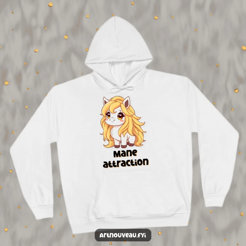 Funny hoodie illustrating an animal with a radiant, flowing mane of liquid gold, looking up curiously, offering warmth and enchanting design.