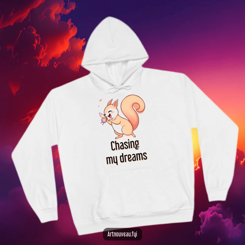 Funny squirrel in art nouveau style, joyfully chasing a shimmering butterfly with a curled tail, featured on a warm, cozy hoodie.