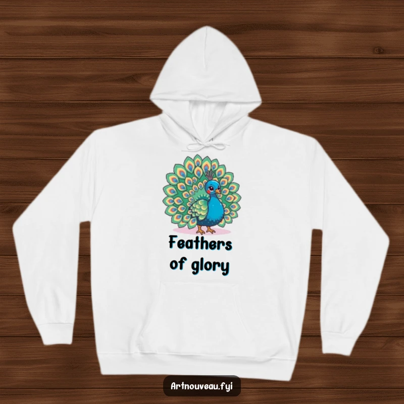 Funny hoodie displaying a peacock fanning its tail with elaborate feather patterns, offering cozy elegance and style.