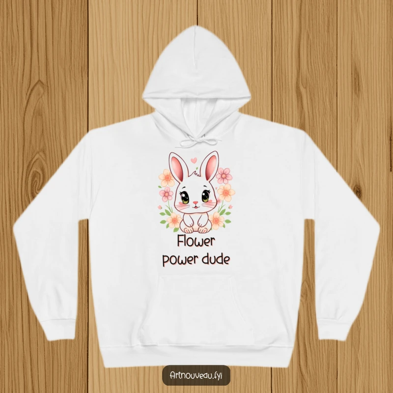Funny rabbit hoodie featuring a stylized rabbit with large expressive eyes and floral motifs, offering cozy charm.