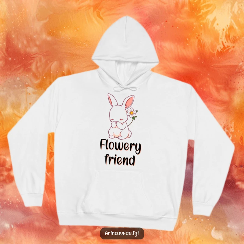 Funny rabbit hoodie, Art Nouveau style, gracefully bowing, flower accent, soft and warm, ideal funny gift for art lovers.