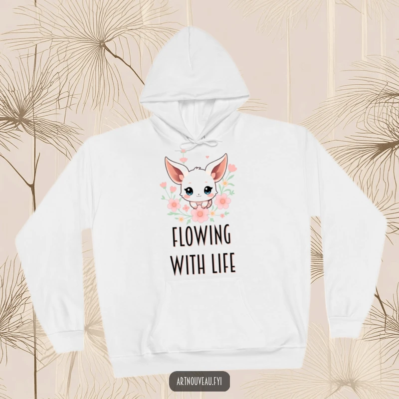 Funny Creature Hoodie: A cozy hoodie featuring a creature with flowing ears floating amidst stylized floral elements, perfect for fantasy lovers.