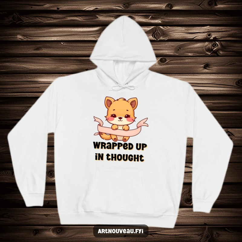 Funny hoodie depicting an animal playfully interacting with a decorative ribbon, offering warmth and a touch of whimsical charm.