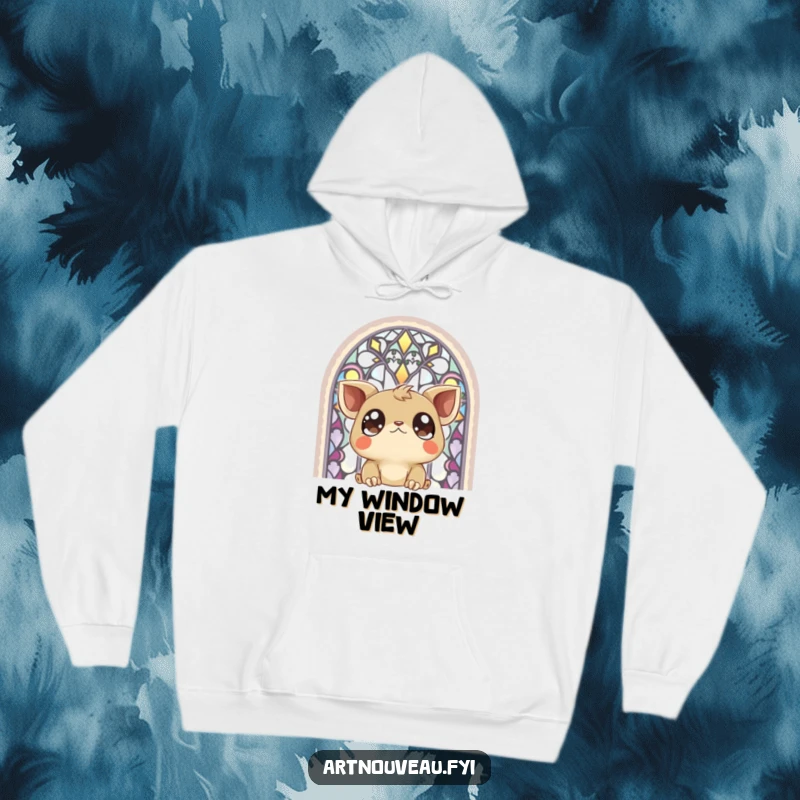 Funny Hoodie: A soft sweatshirt depicting a creature with large, expressive eyes admiring the intricate colors of a stained-glass window.
