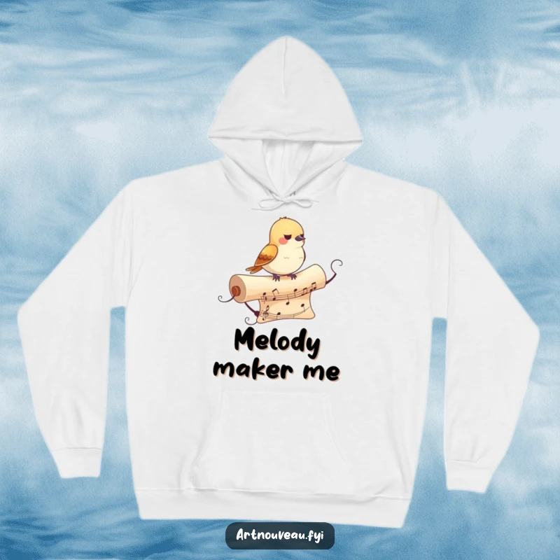 Funny Bird Hoodie: A cozy hoodie adorned with a small bird perched on a decorative, flowing musical scroll, bringing musical humor.