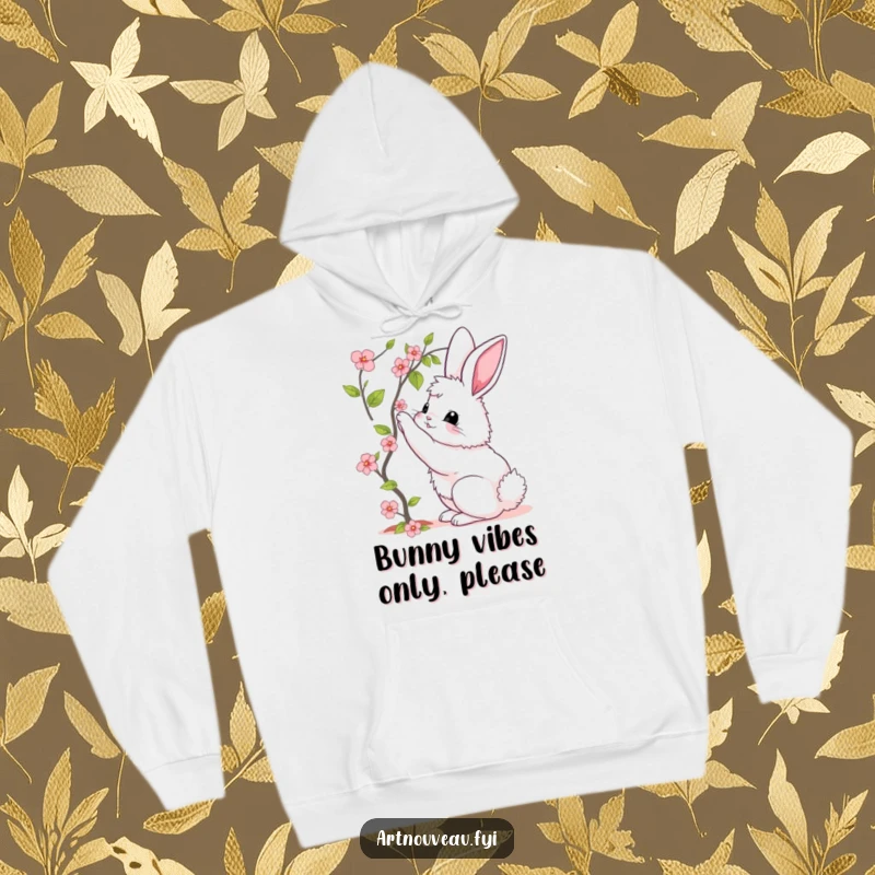Funny hoodie showcasing a fluffy bunny with elegant curves, stretching towards a beautiful blooming vine, ideal for cozy wear.