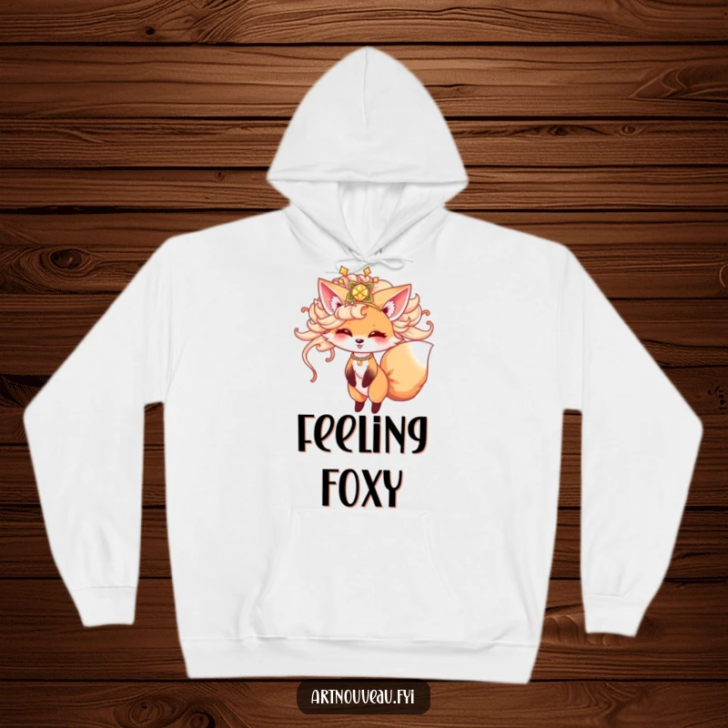 Funny fox hoodie, cute animal in ornate hairpiece playfully twirling, warm and cozy, whimsical apparel, perfect funny gift idea.