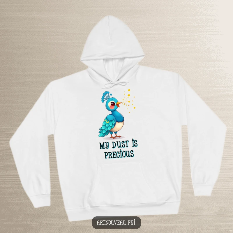 Funny Golden Dust Peacock Hoodie showing a playful bird scattering glittering golden dust, offering warmth and a magical, humorous touch.