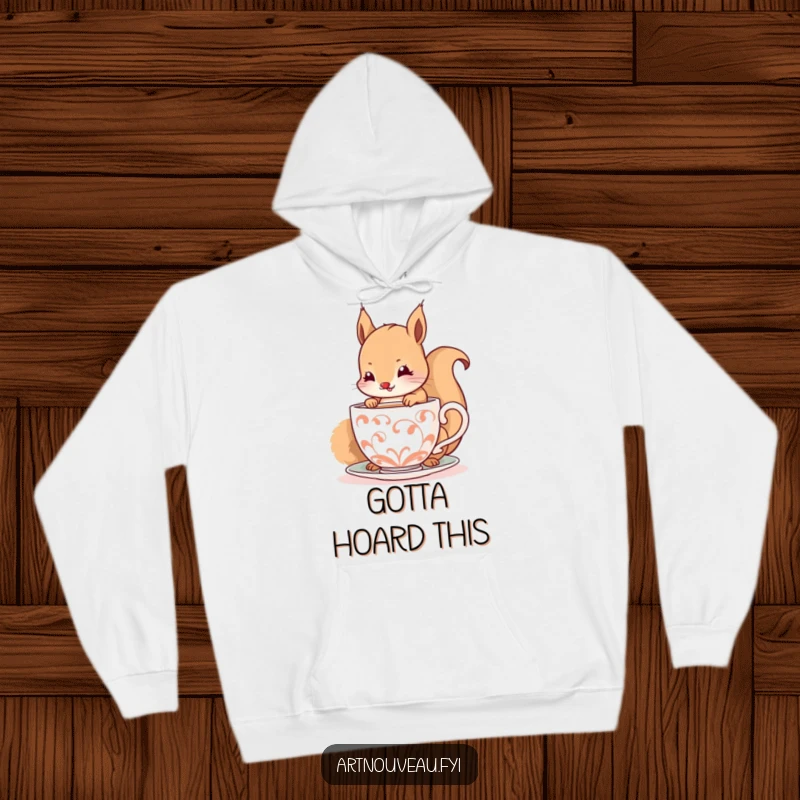 Funny hoodie with a happy squirrel delicately sipping from a decorative, spiraling cup, perfect for cozy and cheerful wear.