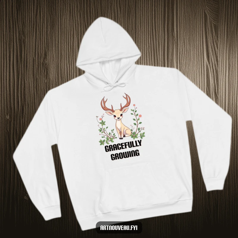 Funny Hoodie: A cozy sweatshirt featuring an animal with elegant, curved antlers posing amidst beautifully rendered artistic vines.