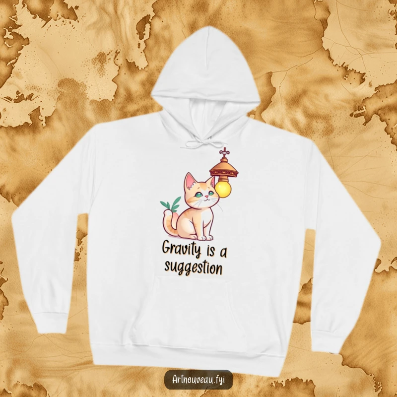 Funny cat hoodie, a curious cat with elegant curves batting at a decorative hanging lamp, comfortable and stylish.