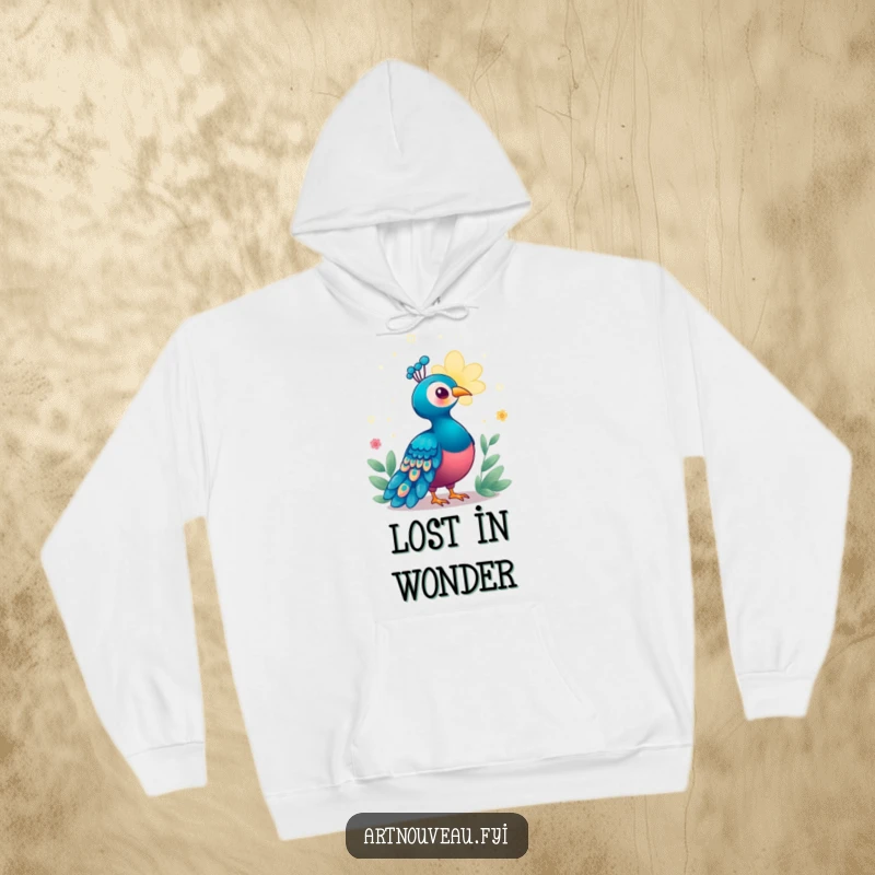 Funny Enchanted Peacock Hoodie designed with a bird looking enchanted by a magical, glowing bloom, offering warmth and a touch of mystical humor.