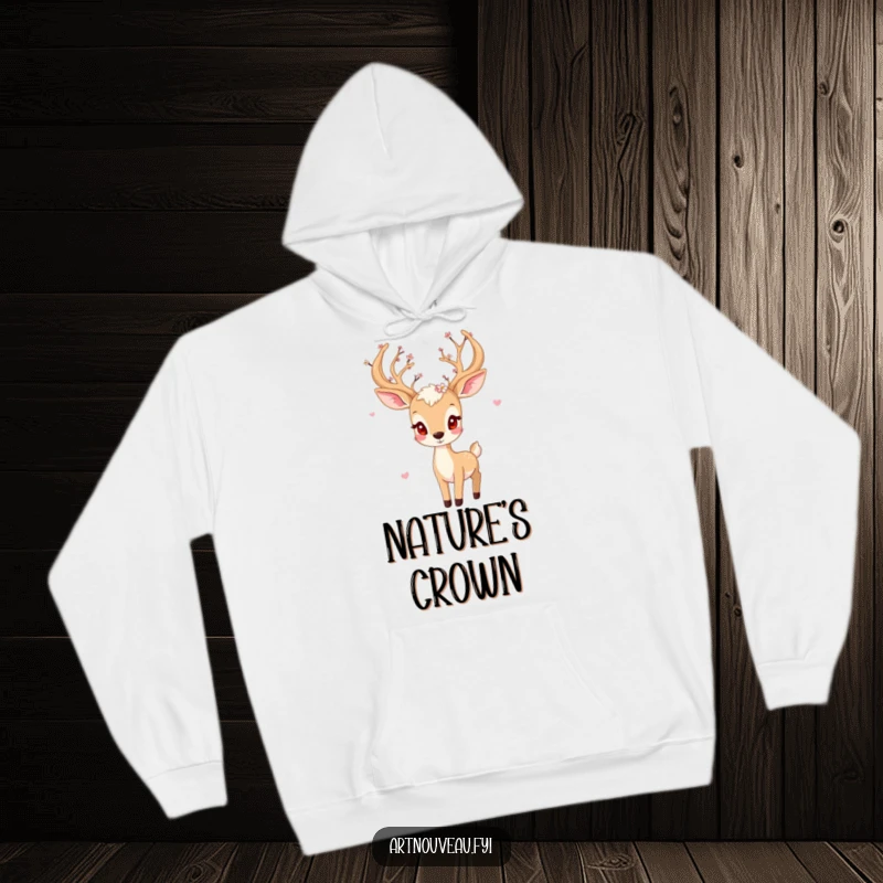 Funny deer hoodie, playful creature with blossom-adorned antlers, cozy woodland wear, ideal funny gift for campers.