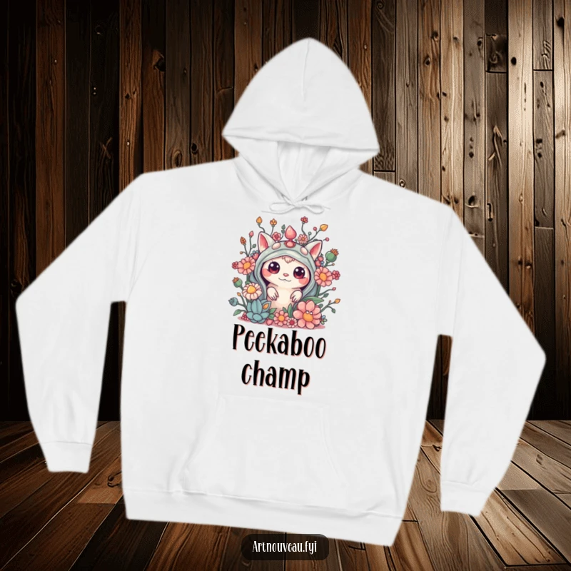 Funny hoodie with a curious creature peeking from behind elaborate, organic embellishments, offering warmth and intriguing design.