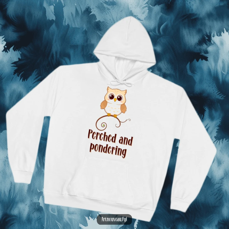 Funny Hoodie: A happy owl perched precariously on a looping, decorative tendril, radiating cozy charm and humor.