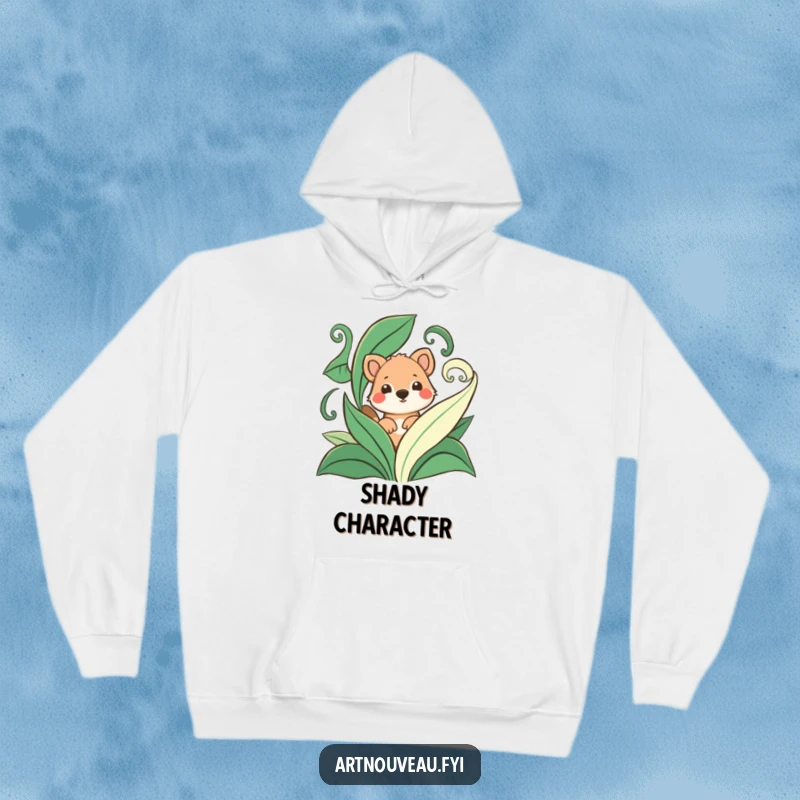Funny hoodie with a playful animal peeking from behind dynamic, stylized swirling leaves, ideal for cozy and humorous outdoor adventures.
