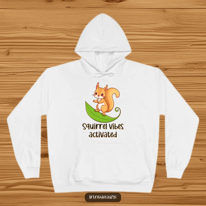 Funny hoodie featuring a mischievous squirrel balancing on a stylized, curling leaf, perfect for cozy autumn days.
