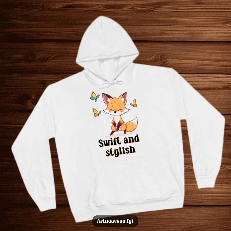 Funny fox hoodie featuring a whimsical fox with elegant lines chasing a butterfly, providing cozy and artistic style.