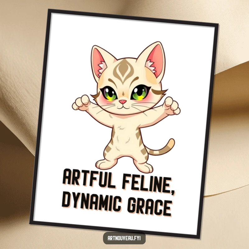 Funny Free Printable Wall Art featuring a feline character with exquisite Art Nouveau inspired markings striking a dramatic and dynamic pose.
