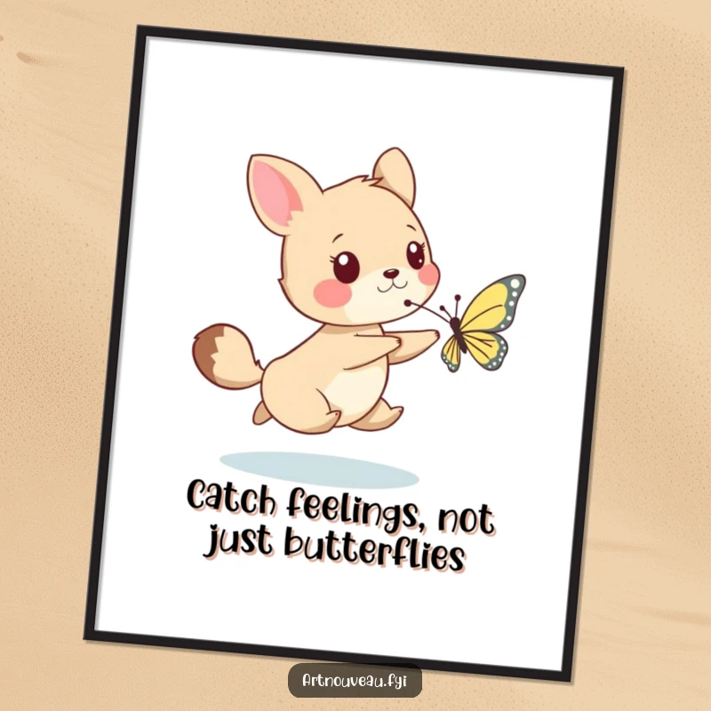 Funny Free Printable Wall Art: A whimsical animal energetically chasing a delicately drawn butterfly in a playful scene.