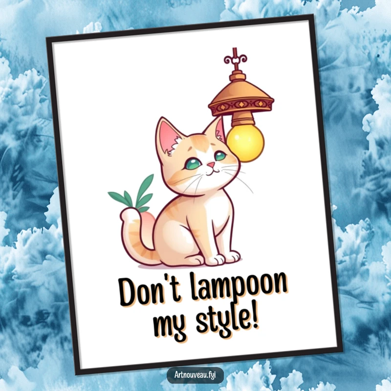 Funny Free Printable Wall Art: Curious cat with elegant curves batting at a decorative hanging lamp. Playful feline art.