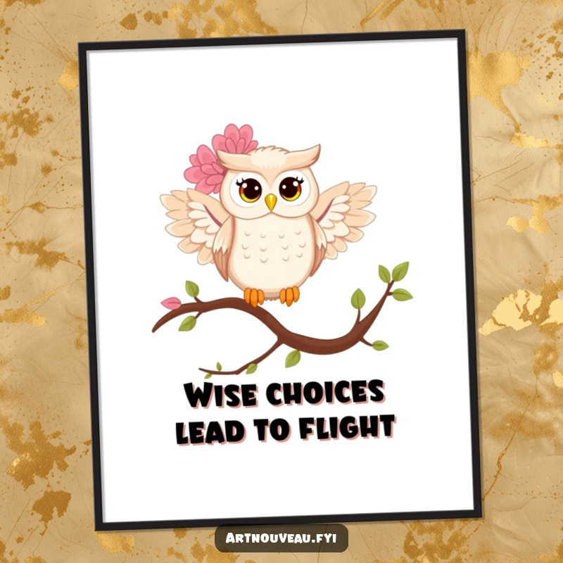 Elegant Free Printable Wall Art: A stylized owl with flowy floral wings perched gracefully on a branch, nature-inspired.