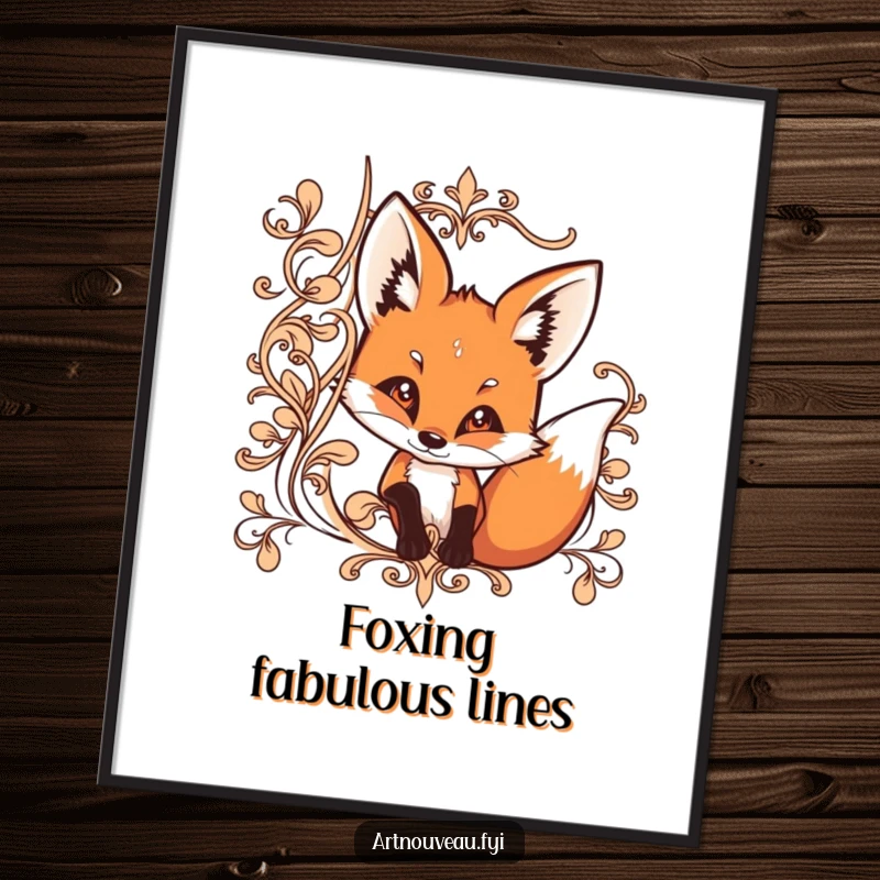 Funny free printable wall art: A curious fox peeking from behind ornate, flowing lines, intriguing downloadable art.