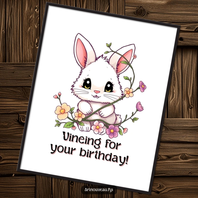 Funny Free Printable Wall Art: Tiny fluffy bunny with big, expressive eyes peeking from a swirling floral vine. Whimsical art.