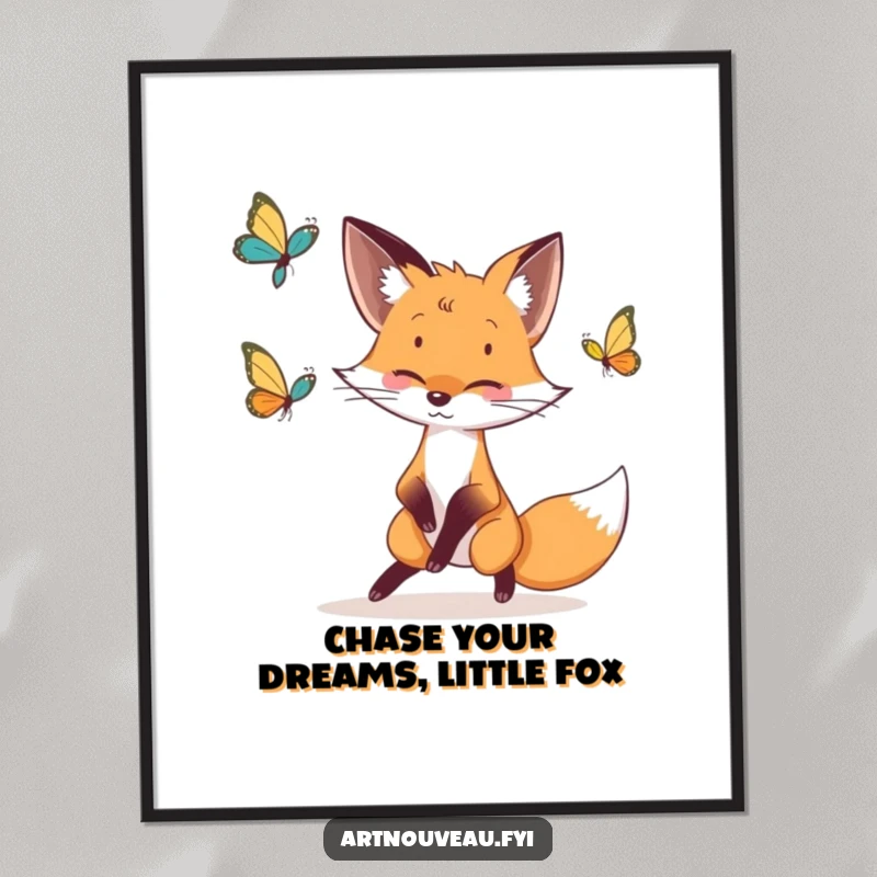 Free Printable Fox Wall Art: Whimsical fox with elegant lines playfully chases a butterfly, bringing nature indoors.