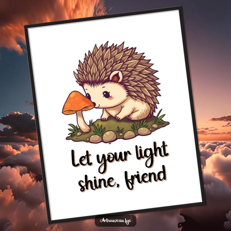 Funny Free Printable Wall Art: Curious hedgehog with intricate art nouveau spines approaching a softly glowing mushroom.