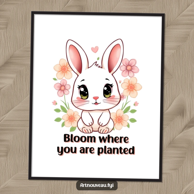 Free Printable Rabbit Wall Art: Stylized rabbit with large expressive eyes is surrounded by lovely floral motifs, creating serene art.