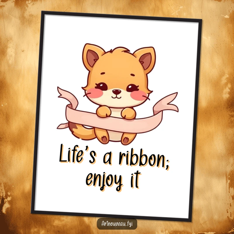 Funny Free Printable Wall Art: Adorable animal interacting playfully with a flowing, decorative ribbon, whimsical home decor.
