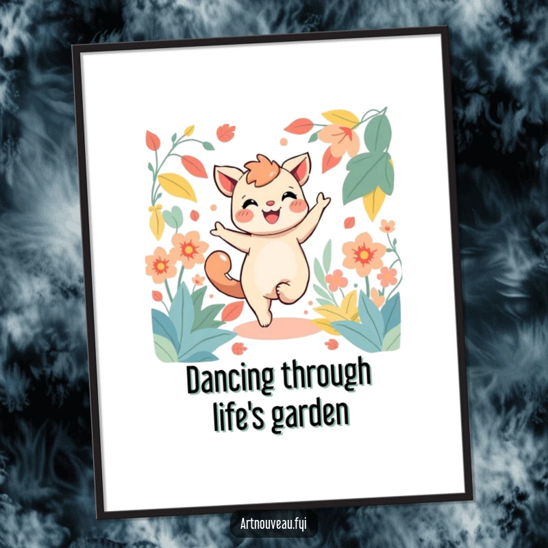Funny Free Printable Wall Art: A joyful creature dancing vibrantly amidst stylized, flowing green foliage, artistic home decor.